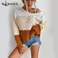 thin openwork long sleeve sweater patchwork color 2021 autumn new sexy v neck knit for women hollow out casual woman sweaters