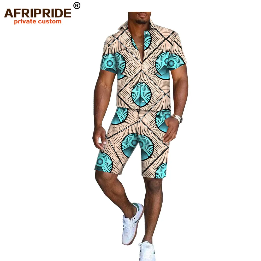 Африканский принт, летние шорты, набор для мужчин, AFRIPRIDE, короткий рукав, однобортный Топ+ шорты до колен, повседневный комплект A1816006 - Цвет: 344X