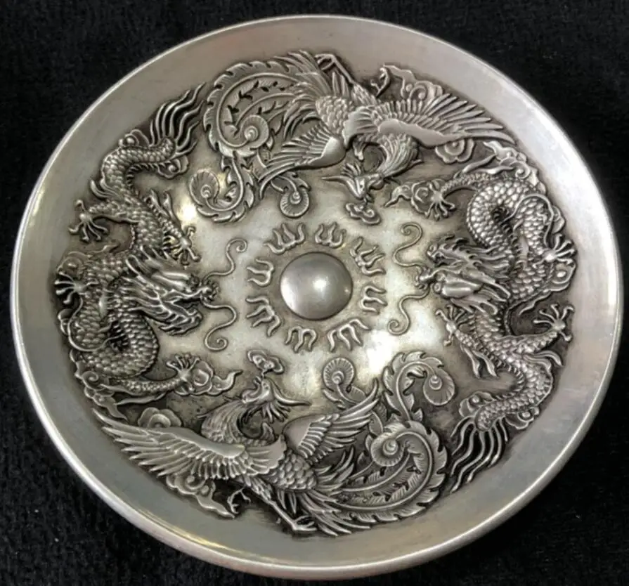 

China White copper dragon phoenix ChengXiang dish crafts statue