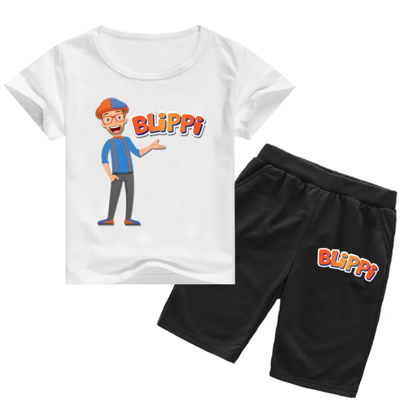 

DLF Boutique Cute Cartoon Blippi Clothing Kids Summer Tops Suit Toddler Boy Clothes Teenager Girls T-Shirt + Short Sport Sets