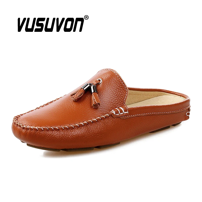 Мужские слиперы из натуральной кожи Летние мокасины с кисточками