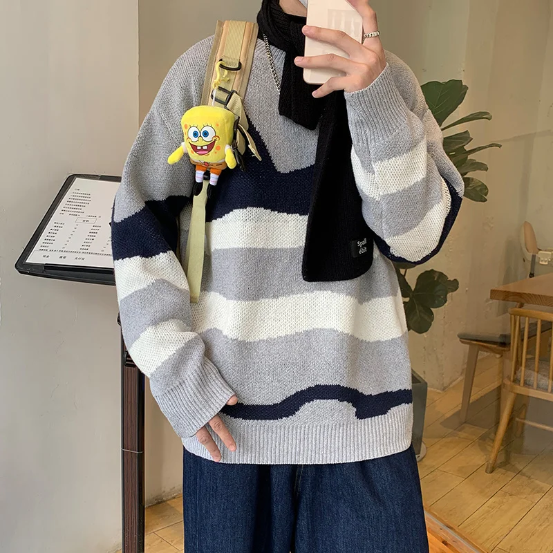 

Knitted Sweater Contrast Stripes Loose O-neck Oversize Long Sleeve Pullover Retro Bottoming Shirt Men's Clothes Autumn Winter