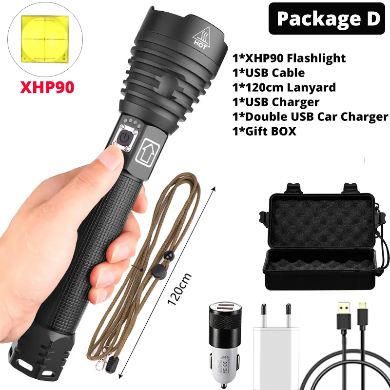Package D-XHP90 Светодиодная вспышка светильник XHP90 вспышка светильник s power 2*26650 или 2*18650 батареи самый мощный тактический фонарь вспышка светильник фонарь для кемпинга - Испускаемый цвет: Package D-XHP90
