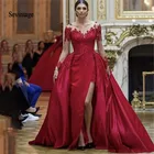 Sevintage Длинные рукава Кружева Аппликации платья Знаменитости с коротким шлейфом вечернее платье Сторона Сплит Формальные платья выпускного вечера