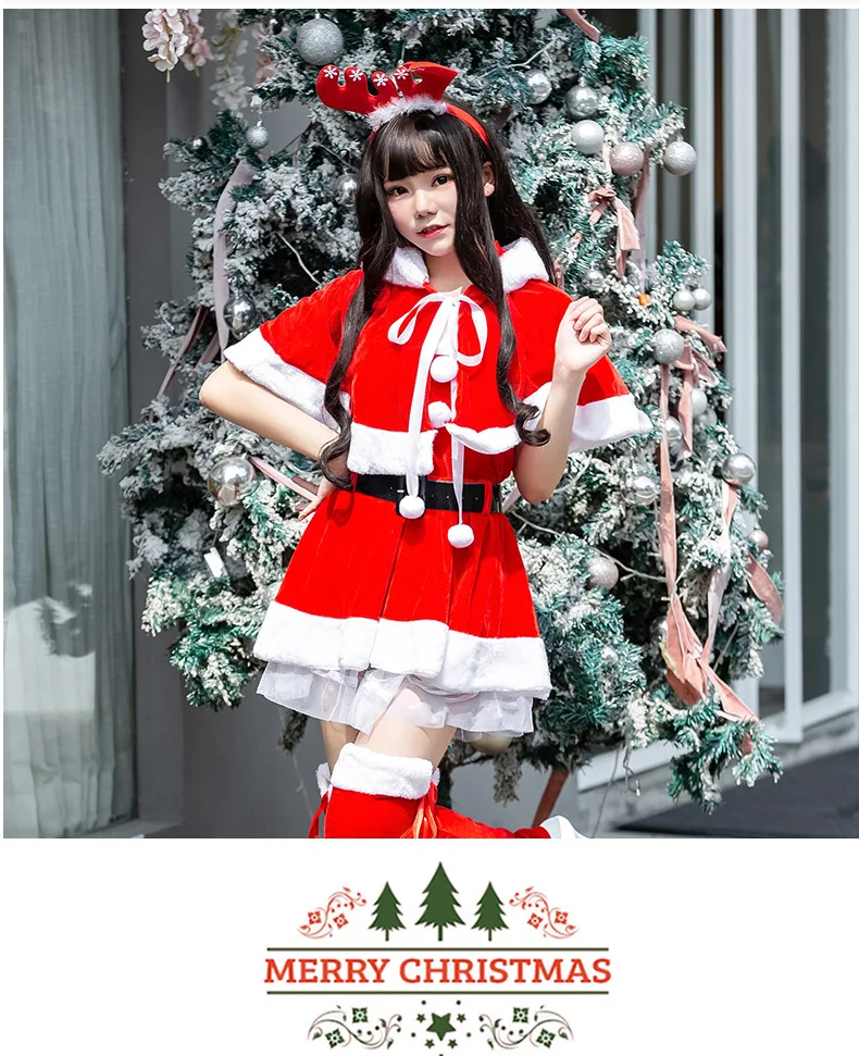 Christmas Velvet Red Dress Mrs Santa Claus Fancy Cloak Hoody Cape Set Women Holiday Cosplay Clothes Party Dress Xmas Outfit