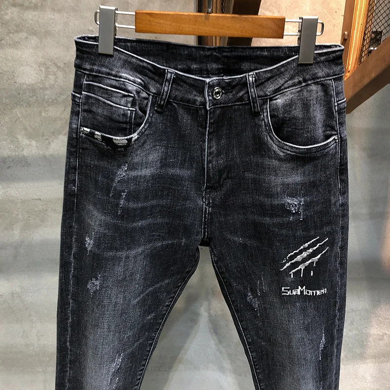 Обтягивающие джинсы мужские темно серые весенние и осенние эластичные Вышитые