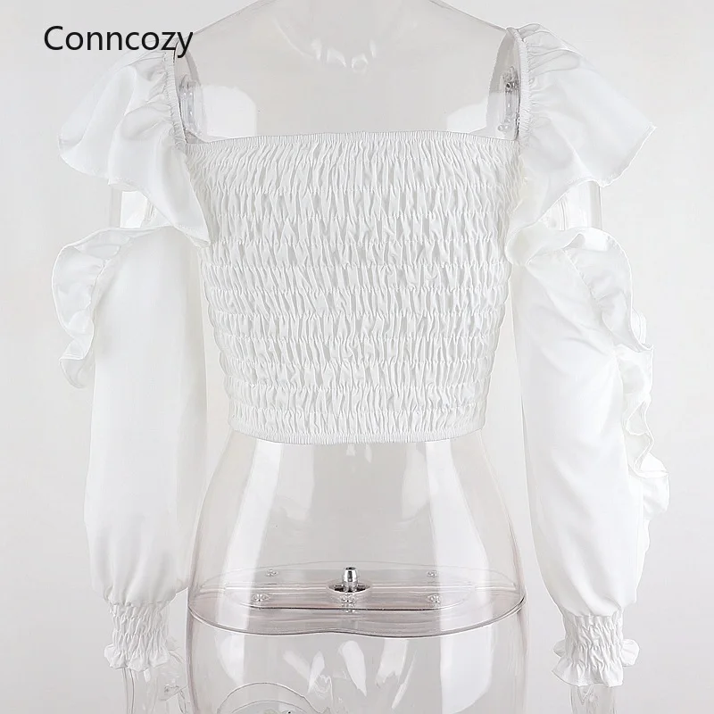 

Blouses & Shirts Spring Autumn Tops Square Collar Women's Irregular Folds Ruffled Long-sleeved Blouse Women Clothing 2021 White