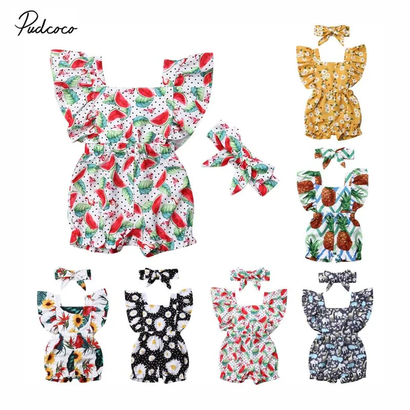 Детская летняя одежда для новорожденных комбинезон маленьких девочек с оборками