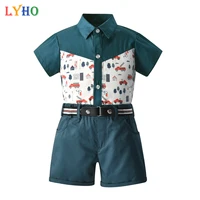 boys shirt pants belt suit 3 piece 2021 summer kids clothes sets short sleeve car printing blue casual baby outfits