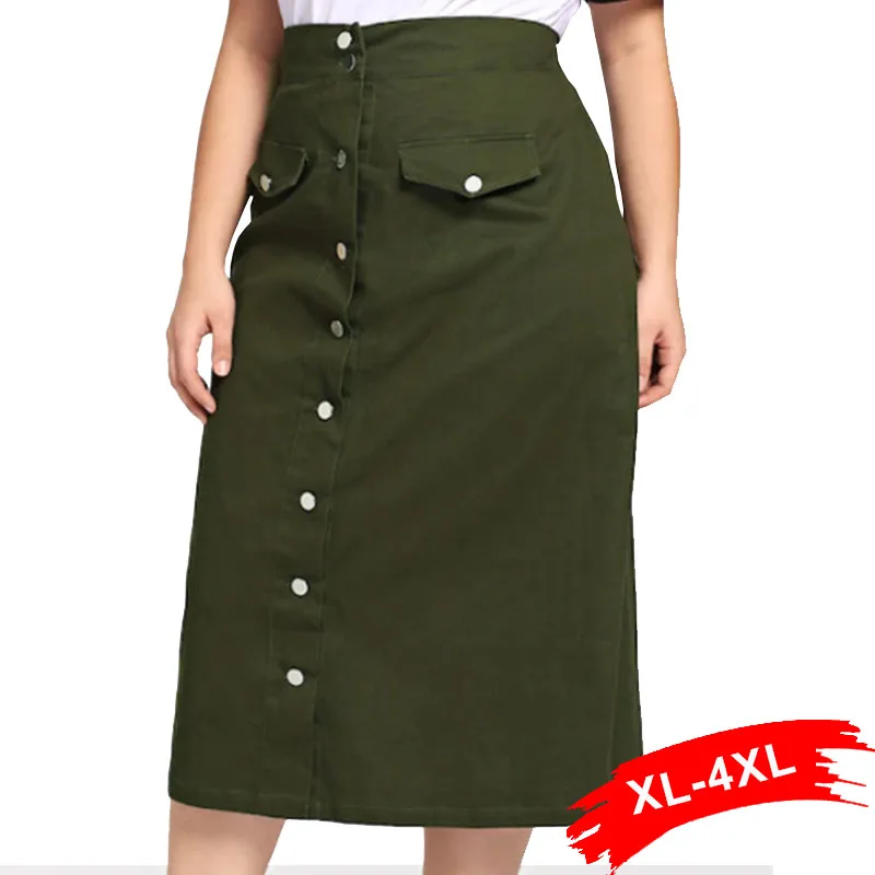 Длинные Юбки миди размера плюс с пуговицами спереди 4Xl 3Xl осенние армейские