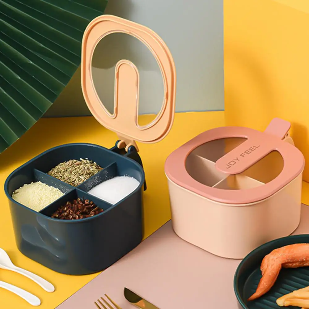 

Rack 4 Grids Spoon Kitchen with Lid Container Seasoning Box Herb Spices Storage Condiment Jar with Handle Organizer for Kitchen