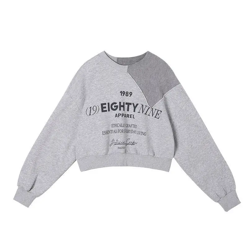 

Grey Letter Round Neck Sweater Women's 2021 New Spring Design Popular Korean Loose and Versatile Short Coat