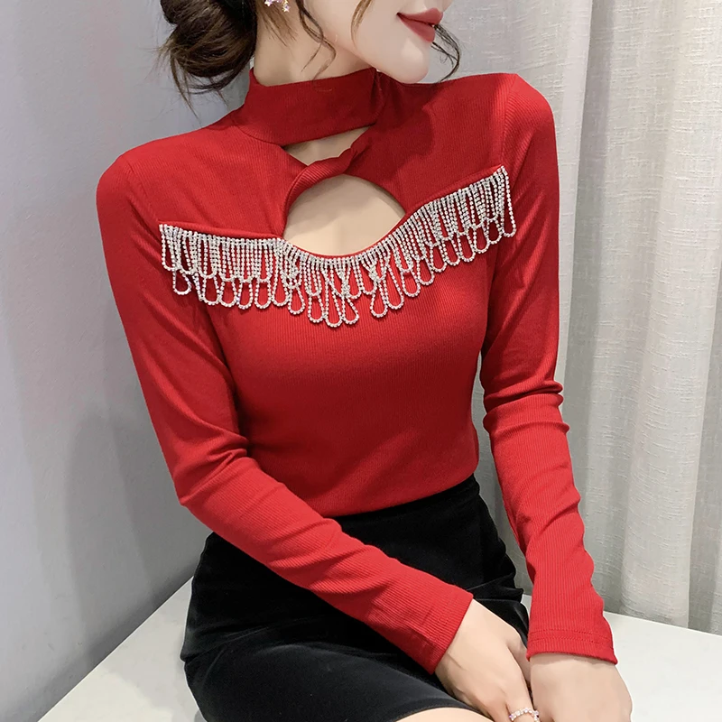 

Fall Winter European Clothes Cotton T-Shirt Chic Sexy Twist Together Hollow Out Diamonds Chain Women Tops Tees