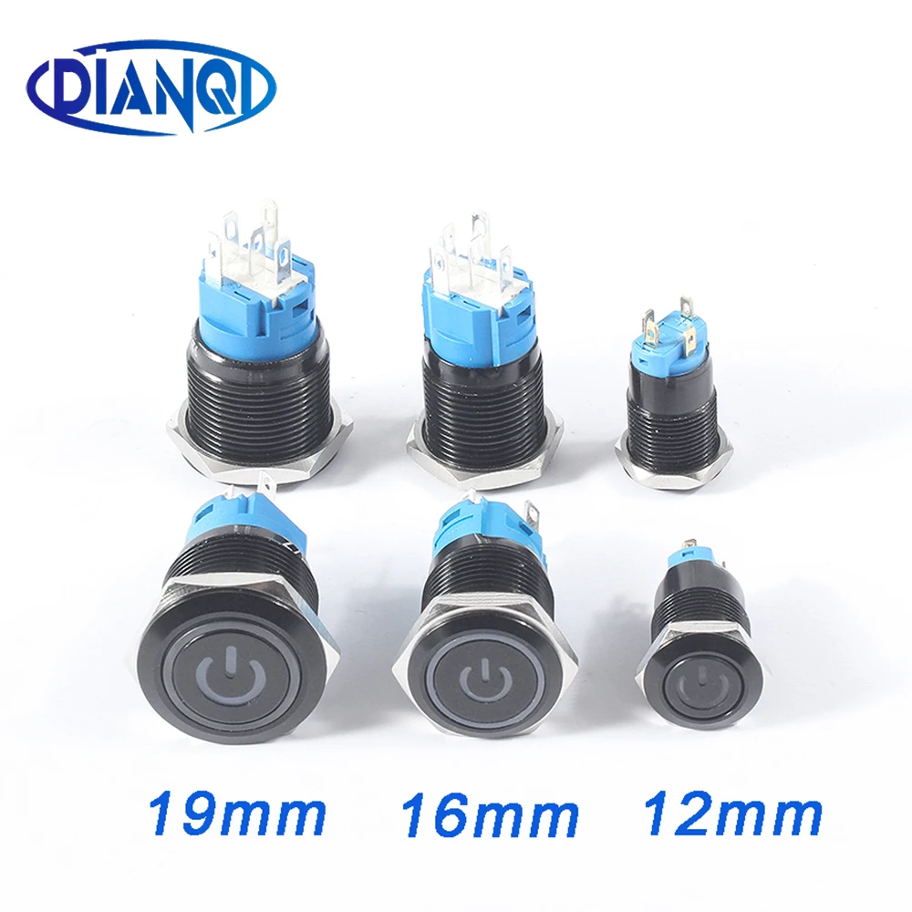 Черный кнопочный переключатель 12mm16mm19mm22mm Водонепроницаемый горит светодиодный