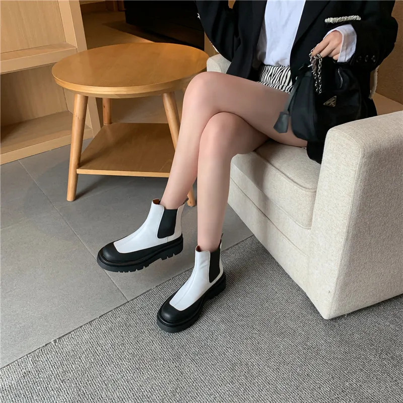 

MoonMeek 2020 New arrival women boots genuine leather ankle boots fashion thick heels square toe mixed colors ladies shoes