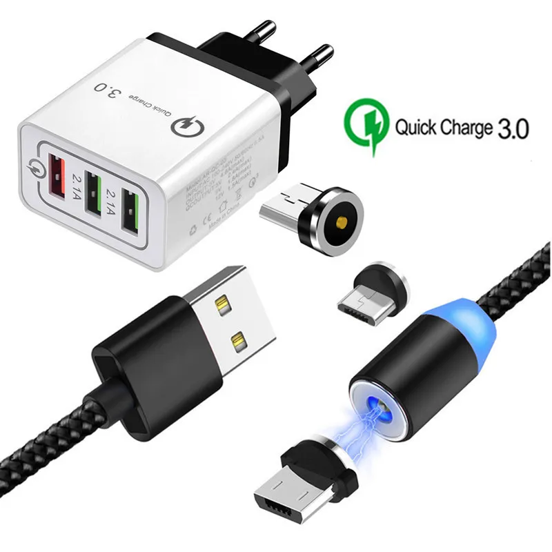 Быстрая зарядка QC 3 0 быстрое зарядное устройство и светодиодный магнитный Micro USB