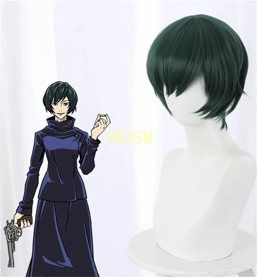 

30CM/11.81in Anime Jujutsu Kaisen Zenin Mai Cosplay Wig Green Bobo Short Hair Woman Halloween Party Props