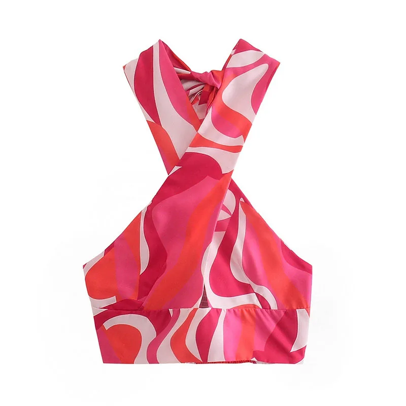 

Женский модный пикантный короткий топ с узлом, короткий топ без рукавов с открытой спиной, розовый эластичный Топ с принтом на спине, 2021