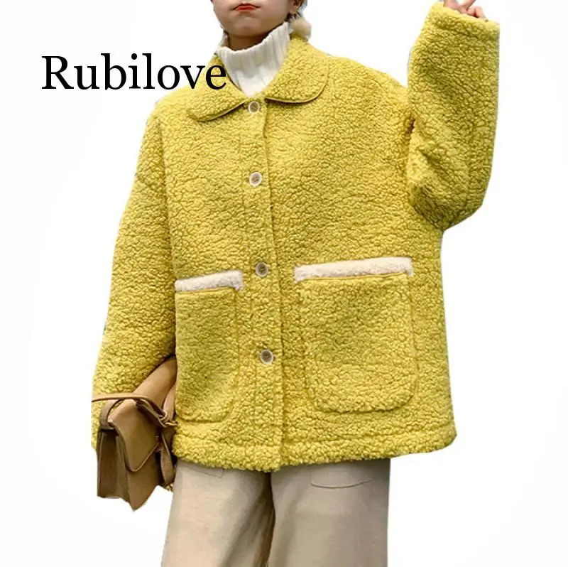 

Women Winter Lambs Wool Jackets 2019 Autumn Korean Single Breasted Loose Thick Warm Faux Fur Coats Yellow