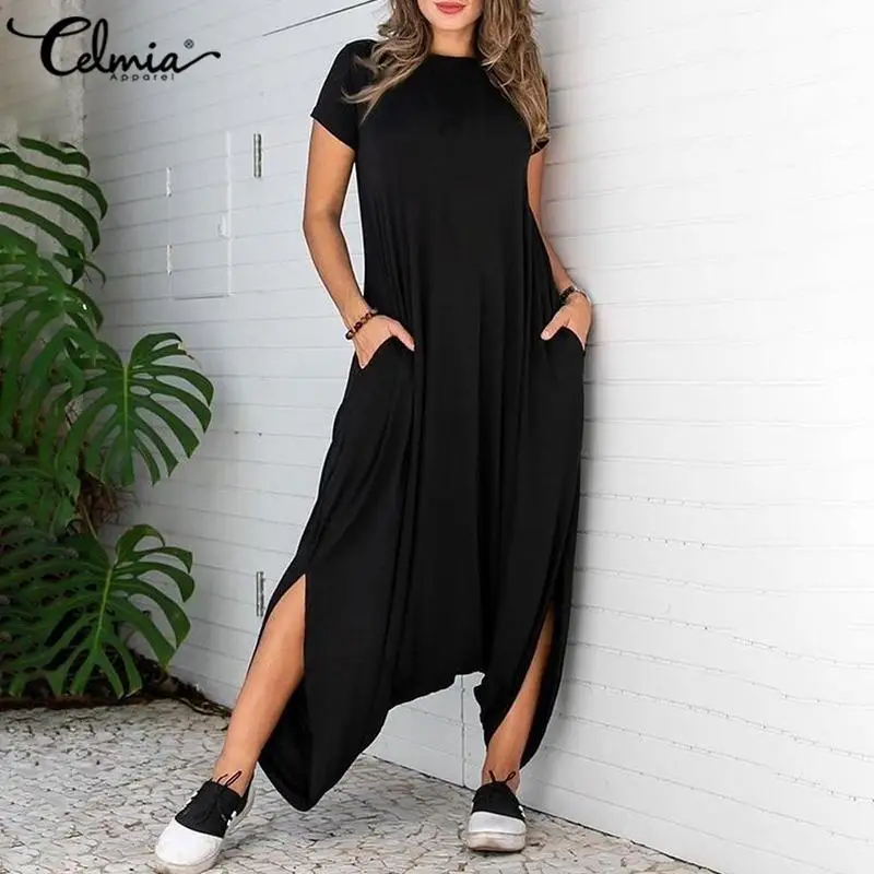 

2021 Women Irregular Jumpsuits Celmia Summer O Neck Short sleeve Loose Long Palazzo Rompers Casual Baggy Solid Playsuits Pockets