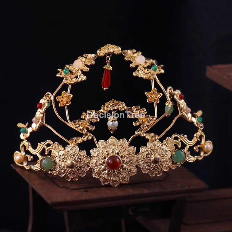 

2022 chinese high-end custom european bride big crown gold blue headdress baroque hair accessories dress with jewelry headband