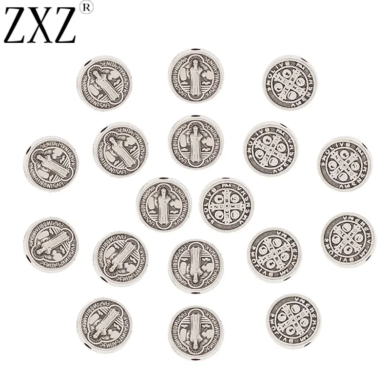 

ZXZ 50pcs Tibetan Silver Tone Saint Benedict Medal Cross Crucifix Spacer Beads for Necklace Bracelet Jewelry Making Findings