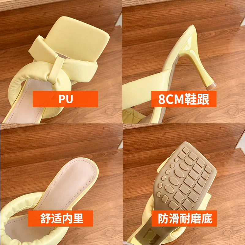 

Shoes Slippers Casual Slides Square Toe Women Heels Pantofle Luxury Soft High Summer 2021 Thin Rubber Cross-tied Fashion Pumps P