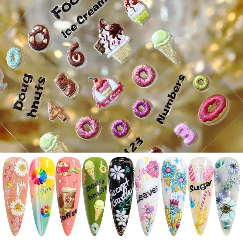 

1 Sheet 5D Engraved Nails Art Sticker Embossed Color Flower Leaf Foods Buttefly Decals Empaistic Slide for Manicure Nail Design