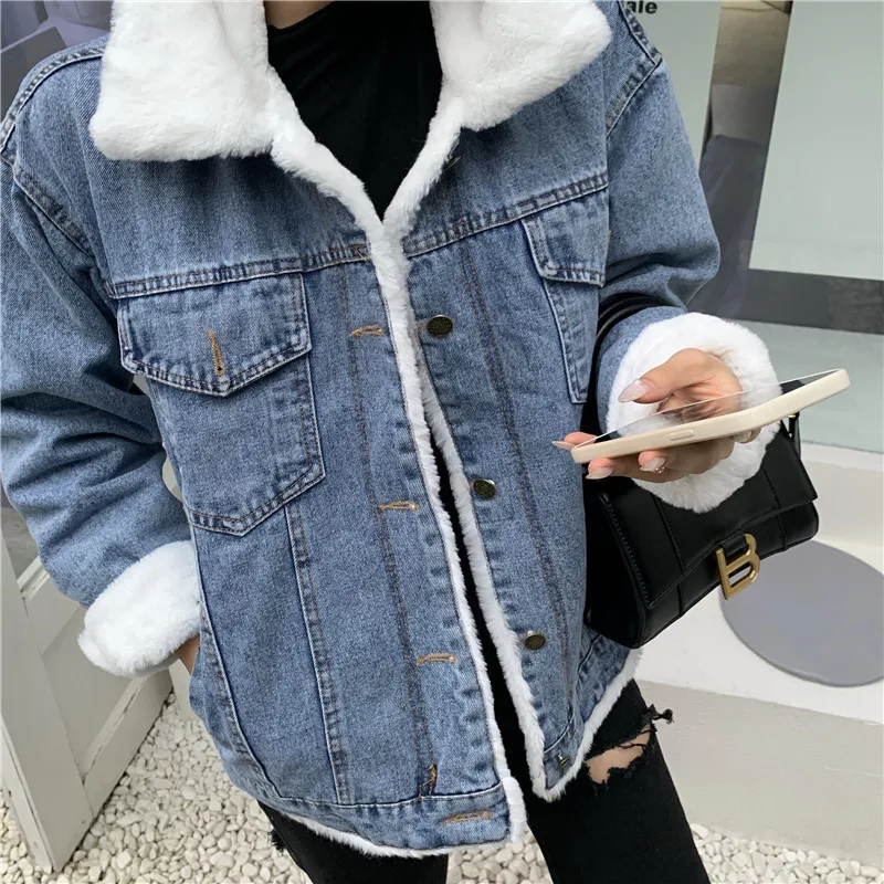 

Women's Jacket Autumn Winter Retro Fleece-Lined Thickened Lamb Wool Denim Jacket Loose Korean Overcoat Windbreaker Coat Women