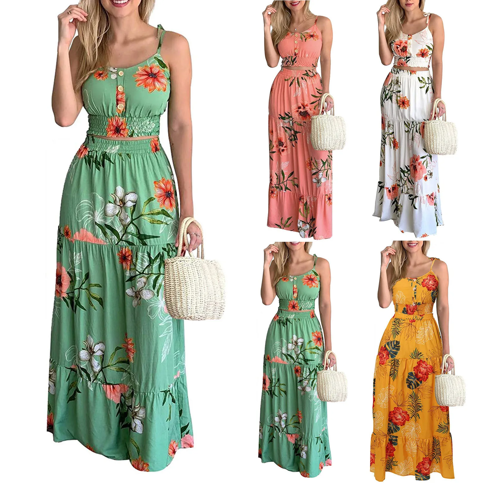 

Сексуальный женский комплект из двух предметов в стиле бохо, укороченный топ с длинной юбкой и цветочным принтом, бандо без бретелек, бандаж...