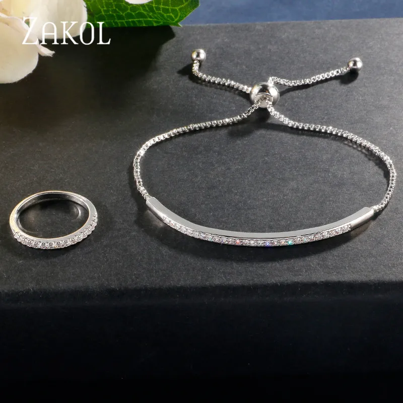 White set ZAKOL новости регулируемый браслет кольцо Набор для женщин пленительный бар слайдер Блестящий CZ циркония ювелирные изделия Pulseira Feminia FSSP3019 - Окраска металла: White set