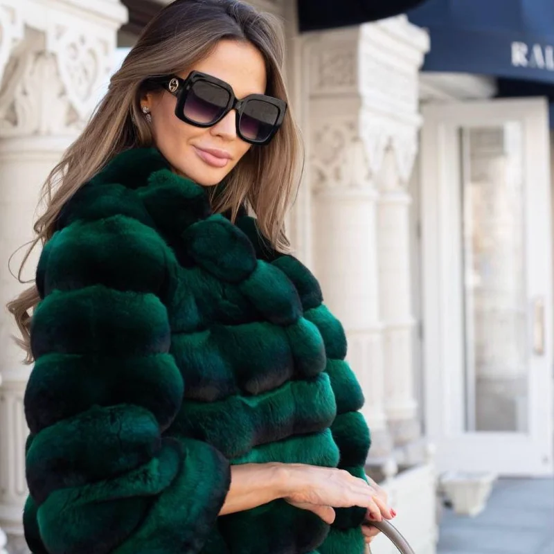 FURSARCAR  Customize Chinchilla Color Natural Fur Coat Women Real Rex Rabbit Fur Jacket Luxury Slim High Street Style Overcoat