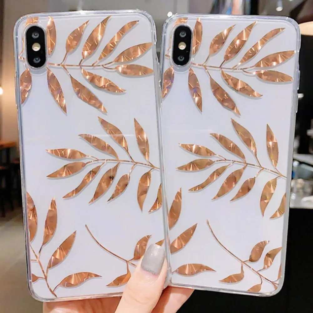 Блестящий Прозрачный чехол с золотыми листьями для iPhone 11 Pro X XS Max XR 8 7 Plus