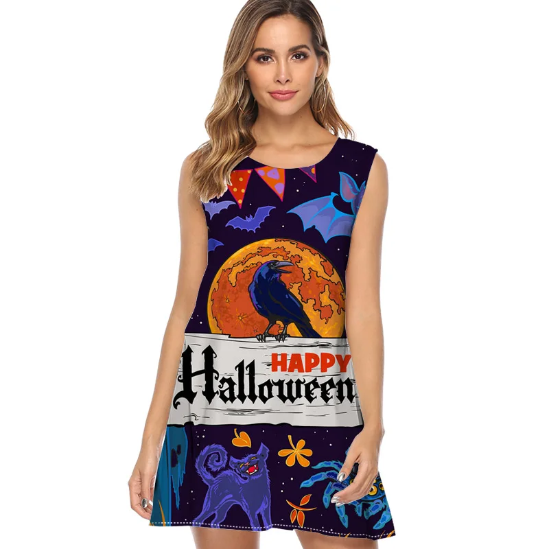 

Halloween Symbols image Chiffon Summer Dress 2019 New Style Sleeveless Print Casual Loose Dress Sundress O neck Mini Beach Dress