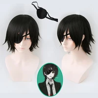 himeno wig chainsaw man black short fluffy layered synthetic hair with eyes patch heat resistant costume party play wig cap