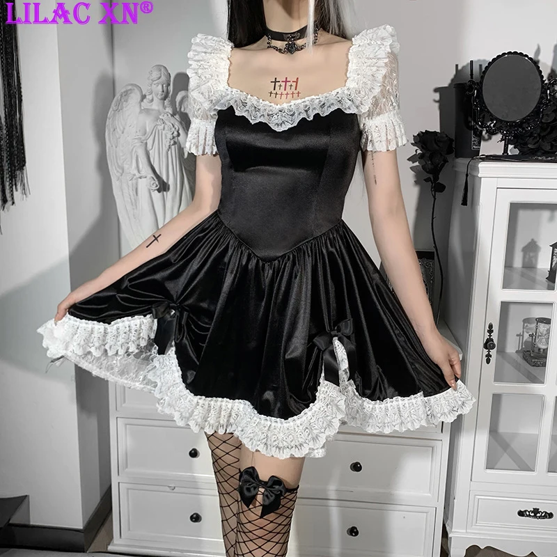

Y2K Harajuku Black Lace Puff Sleeve Mini Dress for Women Girls Elegant Kawaii Patchwork A Line Sexy Summer Dresses for Party