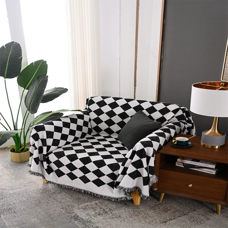 

Nordic Style Blanket Chenille Jacquard Classic Geometric Chessboard Sofa Cover With Tassel Home Outdoor Picnic Mat Travel Throw