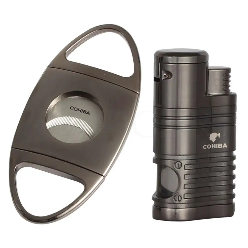 COHIBA Set Windproof 4 Torch Cigar Lighter Butane Lighters Pocket Metal Cigars Cutter Sharp Blade Stainless Steel W/ Gift Box | Дом и сад