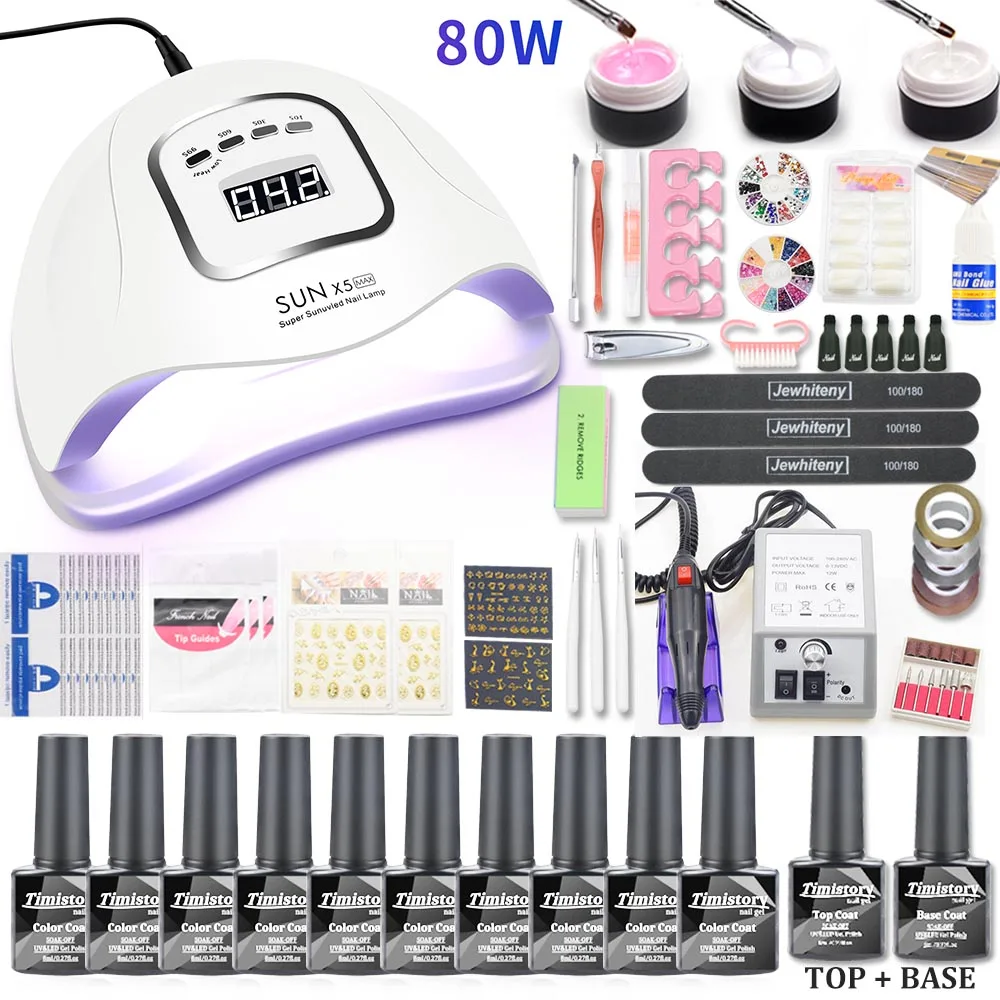 80W sunx5 max 10pcs Набор для ногтей, УФ светодиодный светильник, Сушилка для ногтей, Гель-лак для ногтей, набор инструментов для маникюра, 20000 ОБ/мин, электрическая дрель для ногтей, инструменты для дизайна ногтей - Цвет: 80W sunx5 max 10pcs