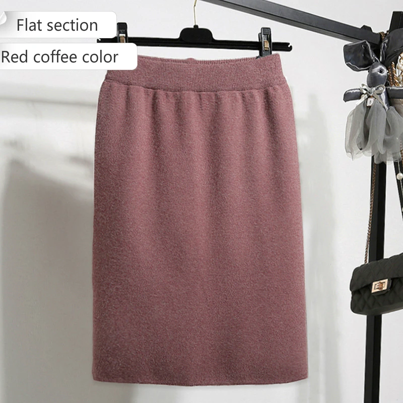 Red Coffee Flat Styl Осенняя и зимняя юбка средней длины с высокой талией, облегающая нижняя часть, открытая бедра и вязанная одношаговая юбка, Женская юбка-бандаж - Цвет: Red Coffee Flat Styl