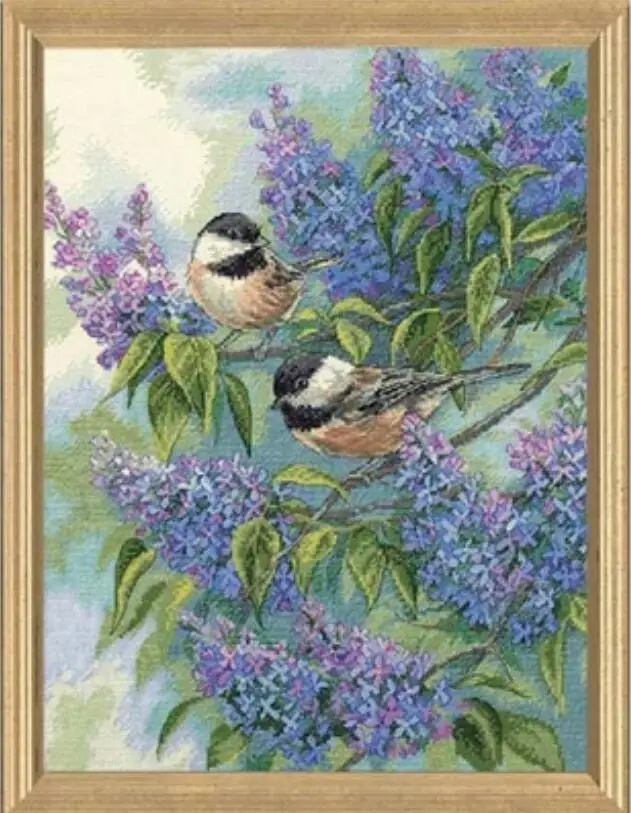 

Chickadees and Lilac cross stitch package big bloom 18ct 14ct 11ct cloth cotton thread embroidery DIY handmade needlework