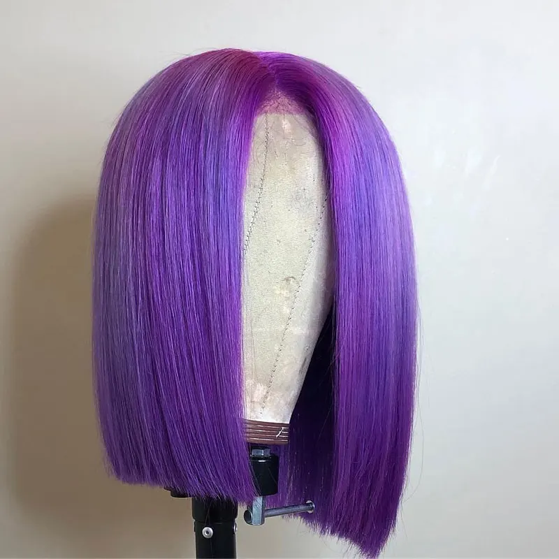 Purple Блондинка красный, розовый и Цветной 13X4 Синтетические волосы на кружеве парики из натуральных волос с Африканской структурой прямо Боб Короткие парики из натуральных волос с Африканской структурой, 613 Синтетические волосы на кружеве парик 150% плотность 9A м - Цвет: Purple
