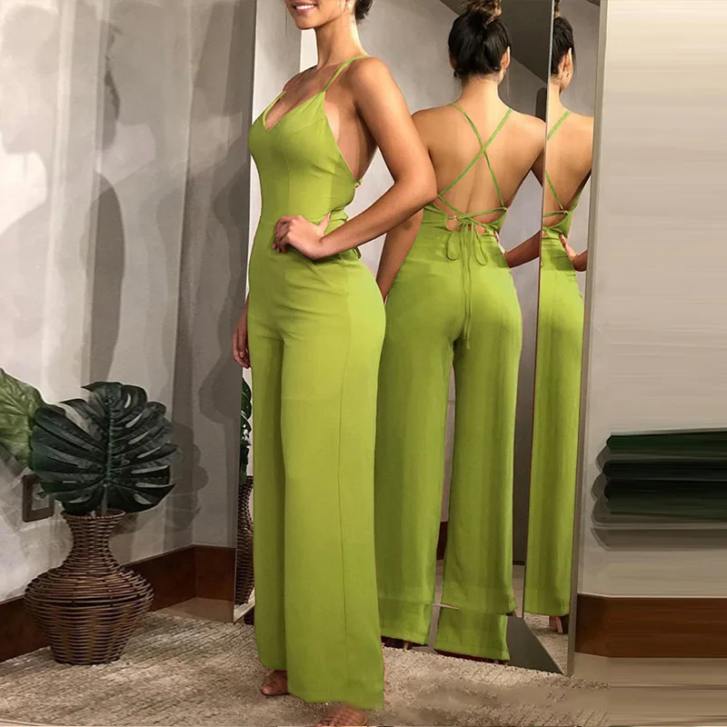 

Sexy Joker Solid Elegant Spaghetti Strap Jumpsuits Backless Bandage Women's Mid Waist Wide Leg Rompers 2021 Summer Lady Clothes