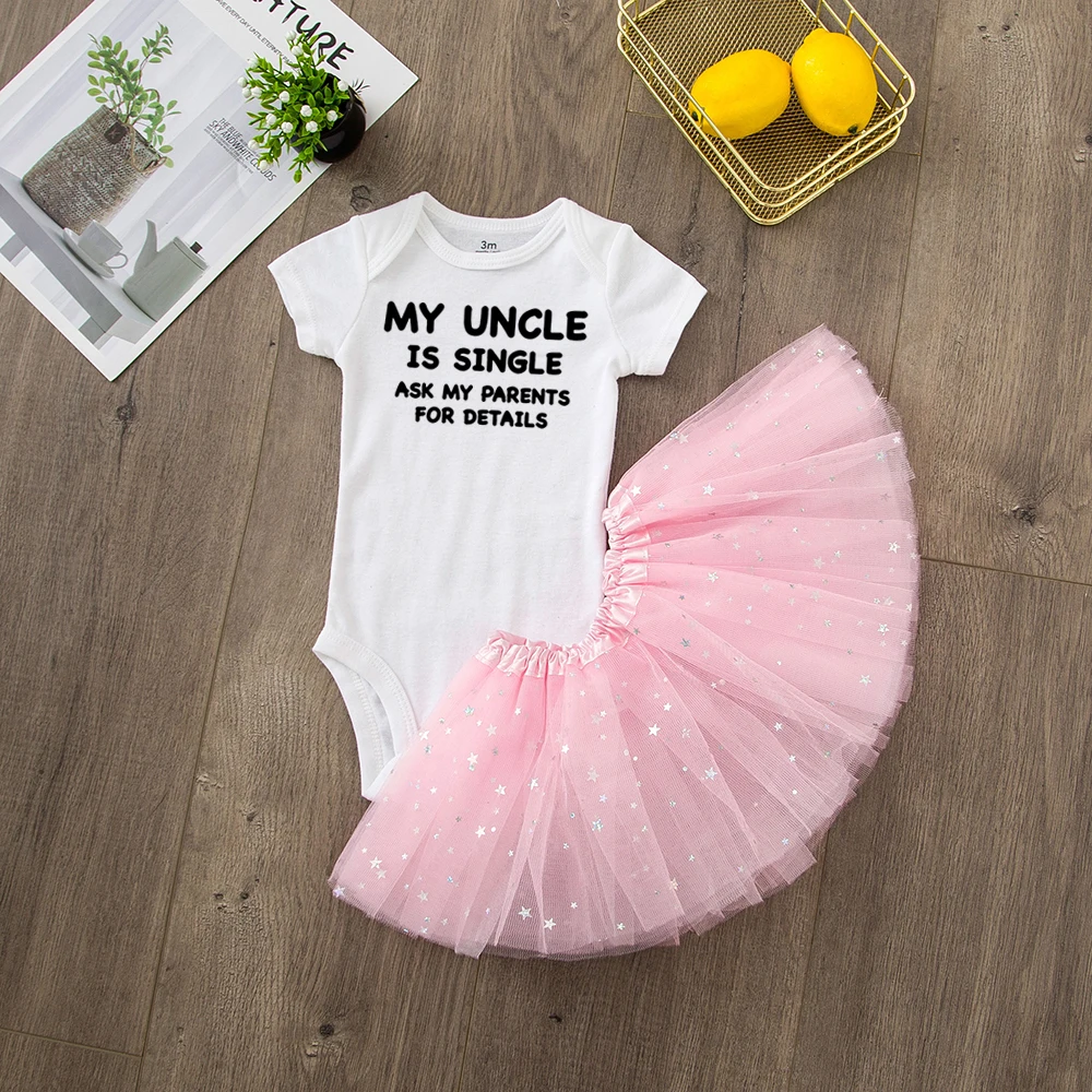 

My Uncle Is Single Ask My Parents about Details Funny Newborn Baby Girl Short Sleeve Romper Tutu Skirt Sets Outfits