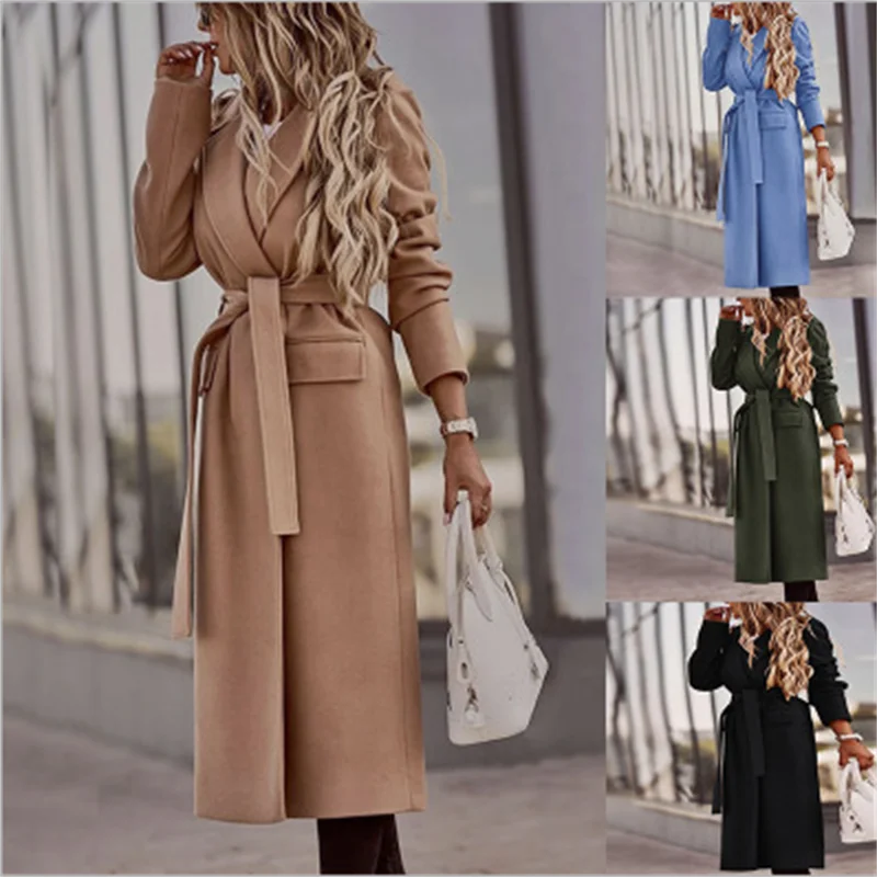 

2021 European and American Hot Style Lapel Cardigan Solid Color long-Sleeved Mid-length Woolen Coat Women's Clothing