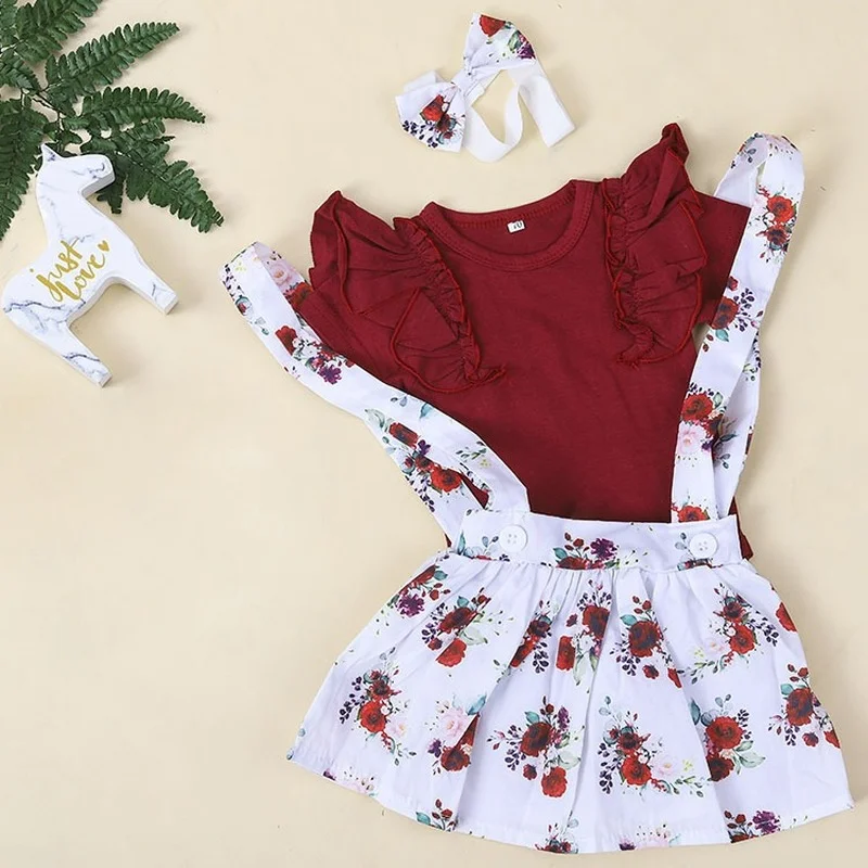 

3PCS Summer Toddler Boy Clothes Kids Boutique Clothing Wholesale Baby Girl Clothing Set Top+Dress+Headwear Kids Clothes Girls