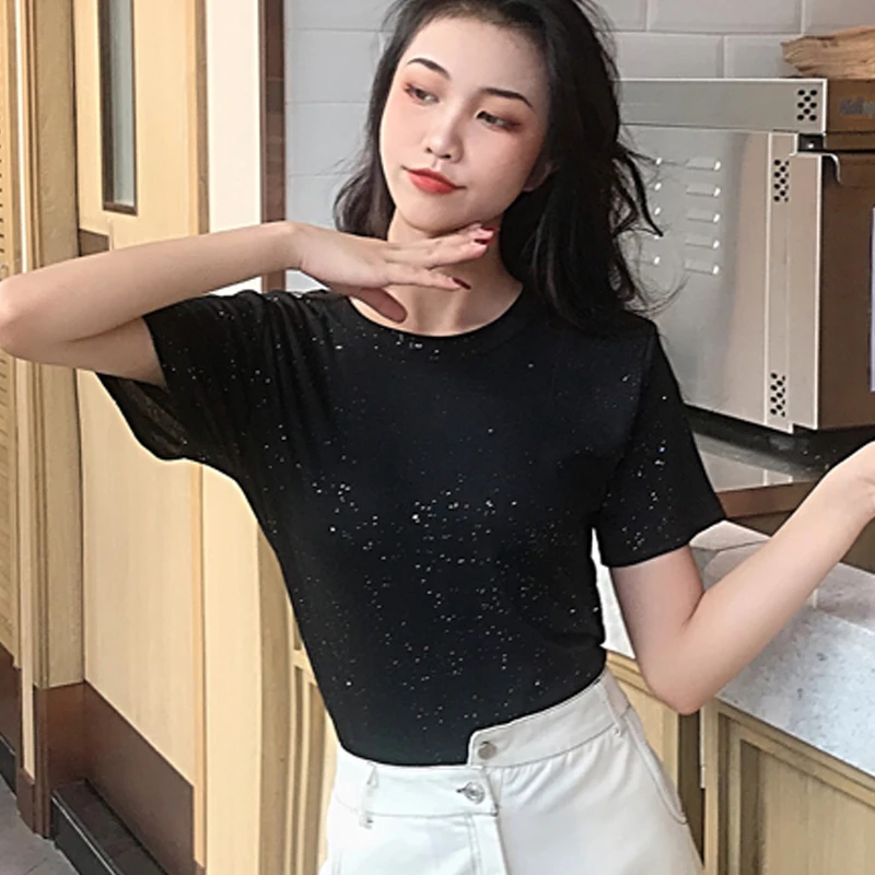 Куртка-футболка с круглым вырезом однотонная блестящая Базовая куртка лето 2019 |