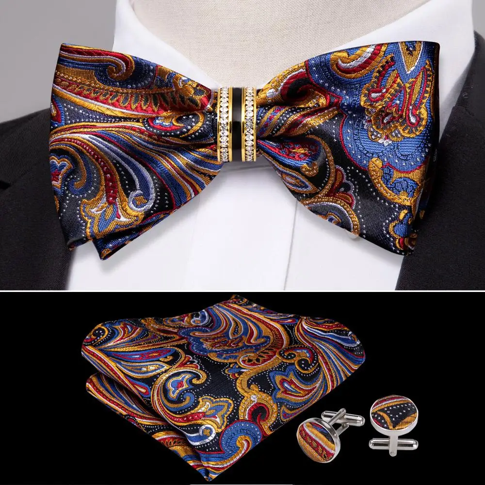 

Золотой шелковый галстук-бабочка с цветочным рисунком для мужчин, свадебный аксессуар, регулируемая бабочка, ручная работа, съемное кольцо ...