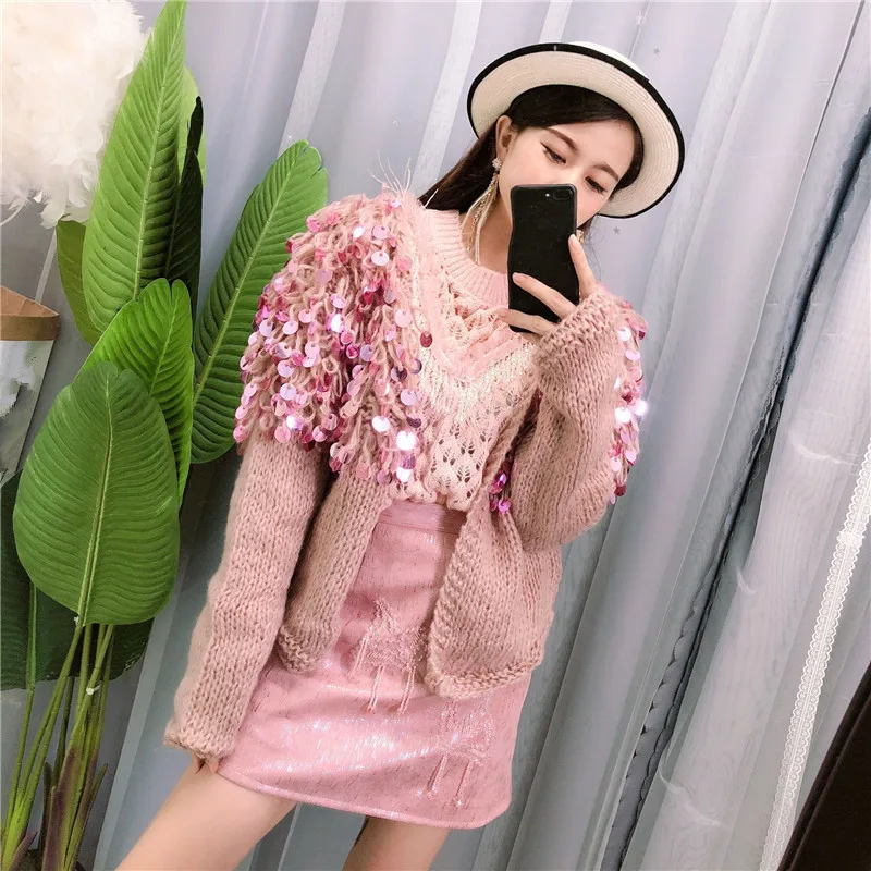 WHITNEY WANG 2019 Autumn Winter Fashion Streetwear Curly Sequins Cardigan Women Sweater Jumper sueter mujer invierno |