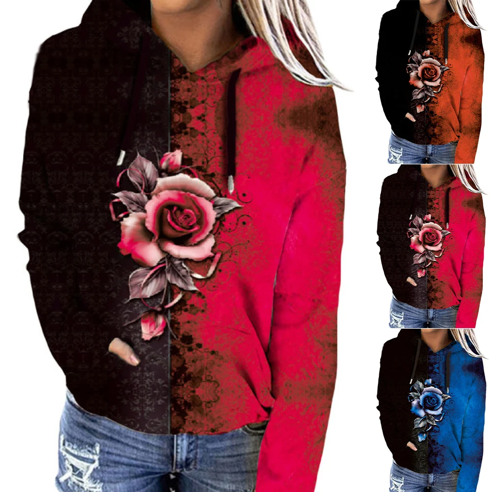 

Женские Модные топы с принтом роз, толстовки с цветными блоками, Женская Повседневная модная женская одежда, женская одежда на осень и зиму